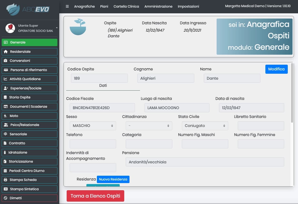 Schermata anagrafica ospiti di ABCevo