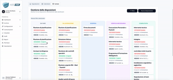 Vista Kanban per monitoraggio disposizioni